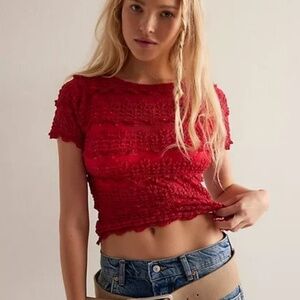 Free People Large Red Angelina Sheer Lace Tee Fp One Mesh Striped Short Sleeve